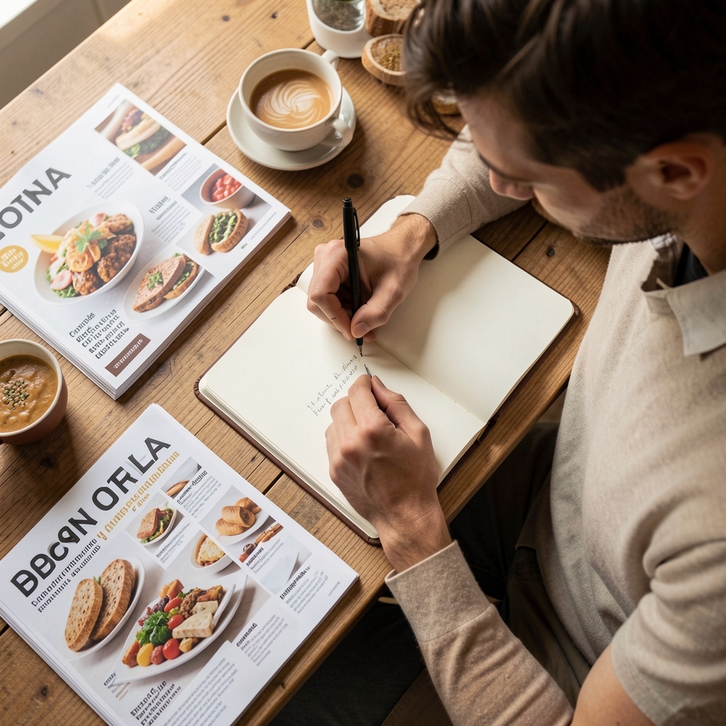 Person seated at a wooden desk writing notes in a notebook, surrounded by food reference materials and a simple midday meal, overhead editorial view