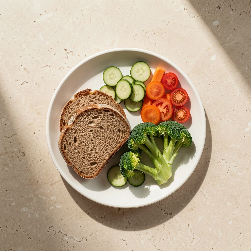 Overhead view of a simple midday meal on a pale stone surface with natural window light, whole-grain bread and vegetables arranged neatly