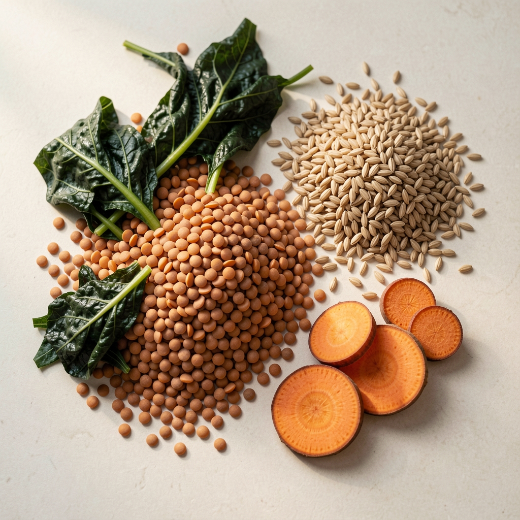 Seasonal ingredients on a pale surface — brown lentils, dark leafy greens, barley grains and sliced root vegetables arranged in an editorial flat-lay composition with natural sidelight
