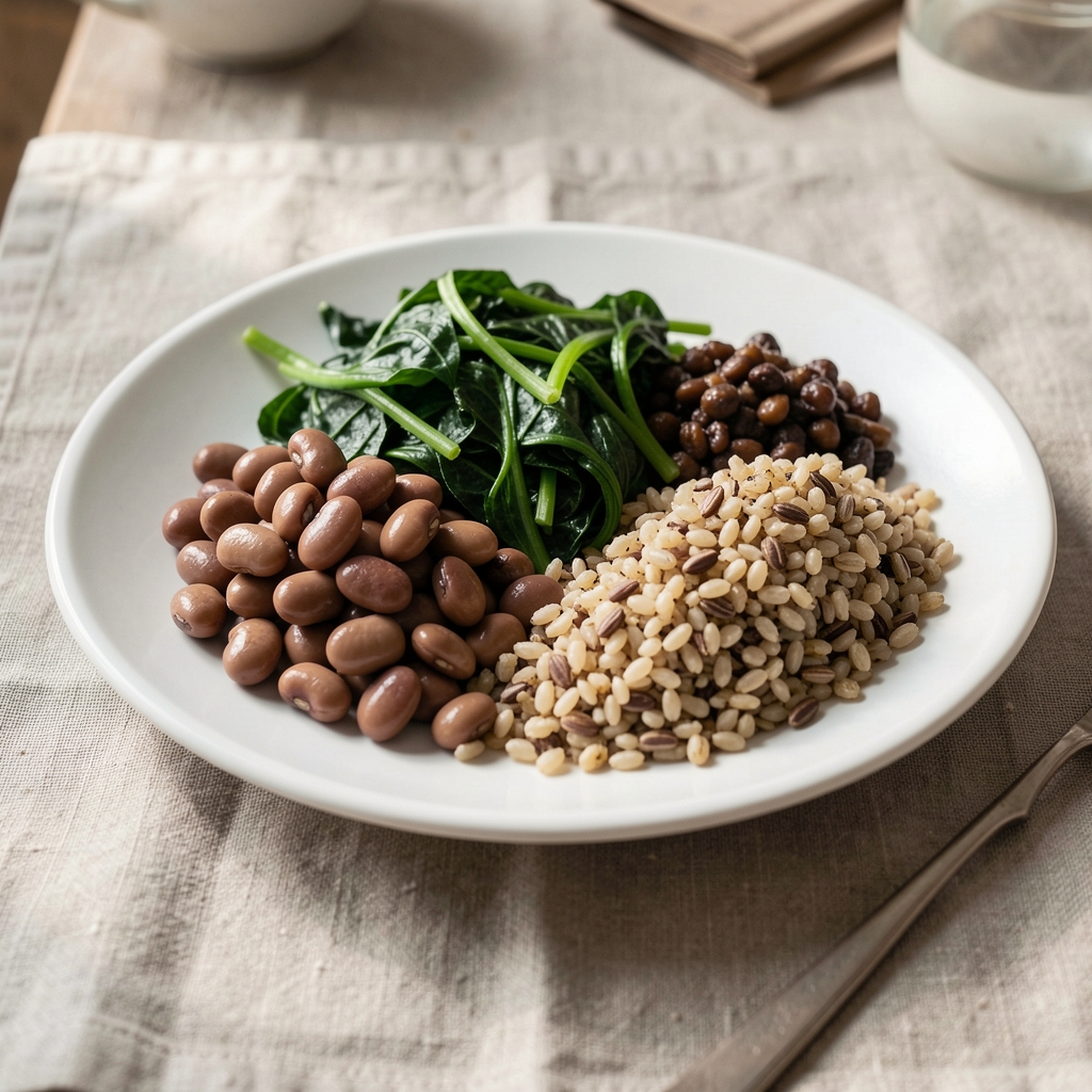 Close-up of a balanced plate with legumes, leafy greens and whole grains in natural light on a linen surface