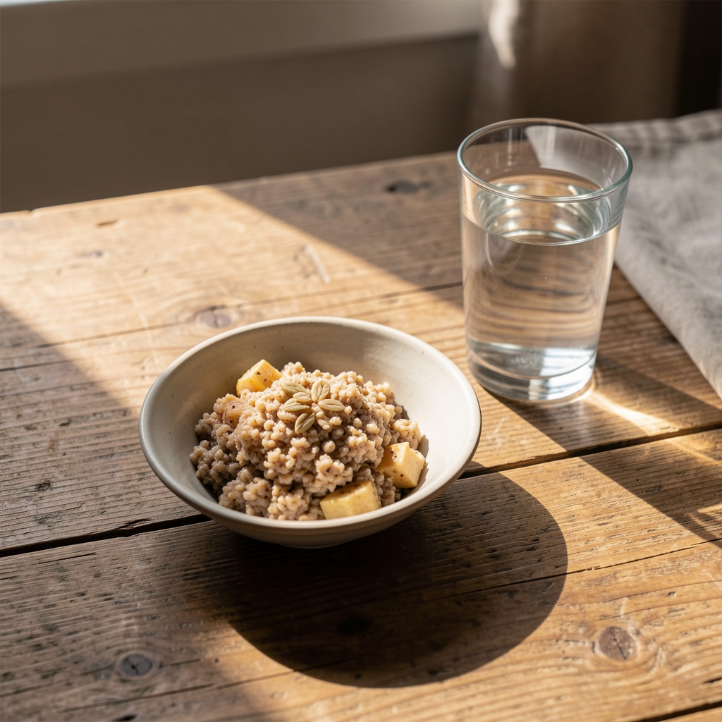 Afternoon light streaming across a wooden table set with a small whole-grain meal and a glass of water, editorial composition